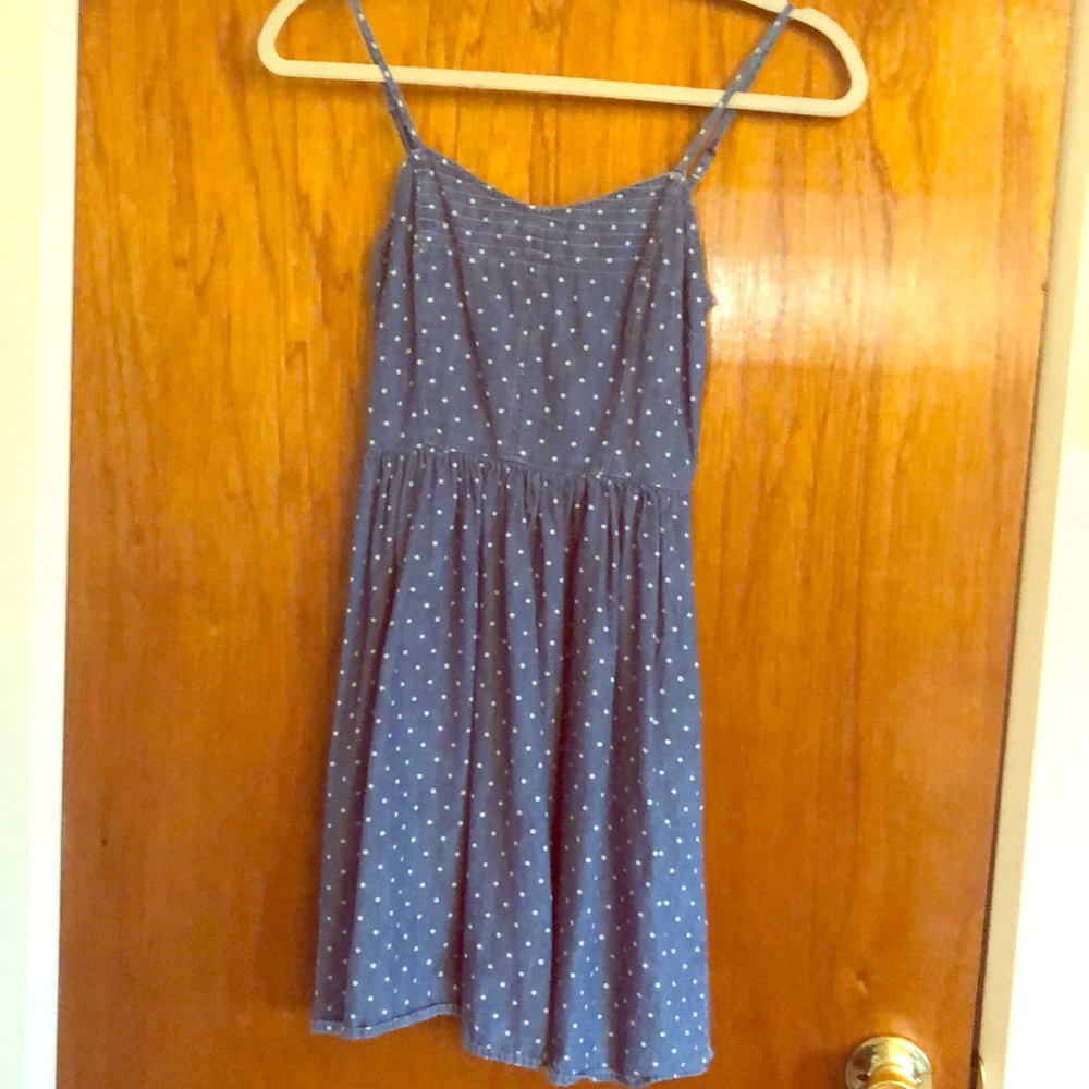 Spaghetti strap polka dot chambray dress